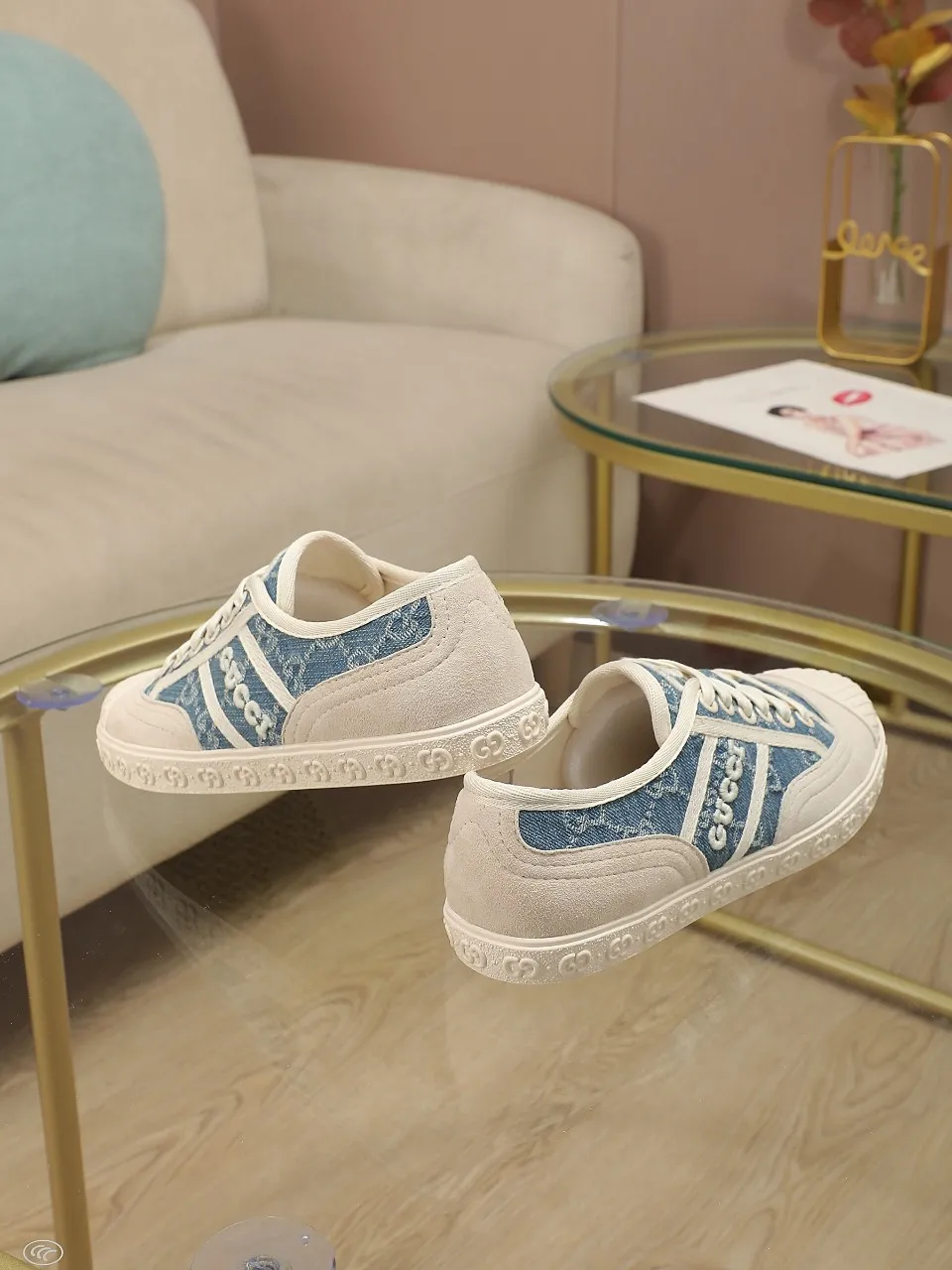 👟👟Ex-factory price 420👟👟 GUCCI~24 The latest double G embroidered low-cut lace-up fashion sneakers, originally developed, the fabric is exclusive double G fabric, the upper is perfectly matched with special craftsmanship, the lining is sheepskin, rubber outsole, size 35 to 40